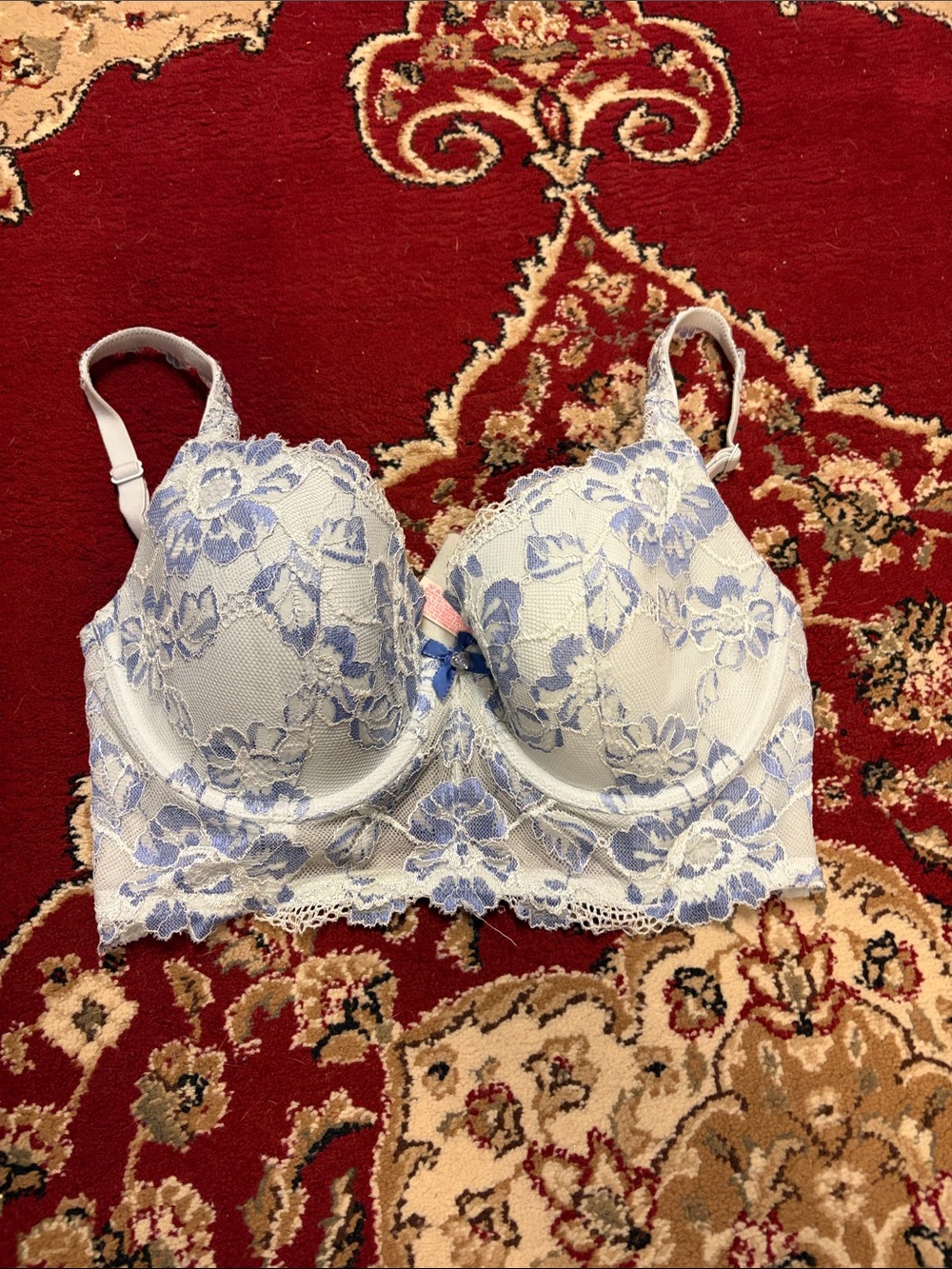 Victoria's Secret White and Light Blue Lace Longline Bra